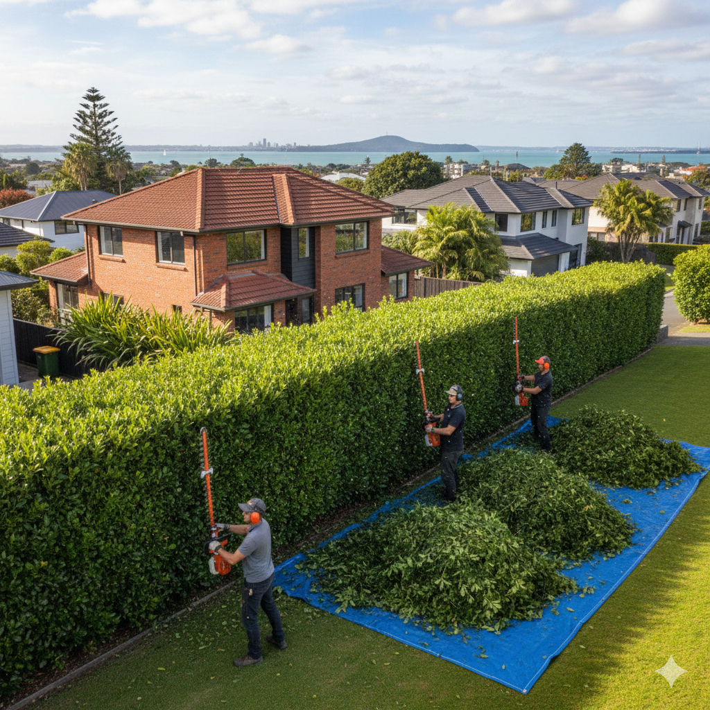 Hedge trimming project in Glenfield Auckland